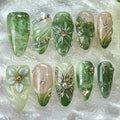 Flower Fake Nails-23 Green Press On Nails with Gold Butterfly & 3D Floral Design - Medium Almond Style