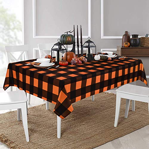 Halloween Checkered Tablecloth - Orange & Black Plaid, 84 x 60 Inch, Machine Washable
