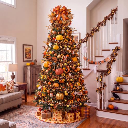 Halloween Tinsel Garland with Pumpkin - 100 Ft Orange Black Decor
