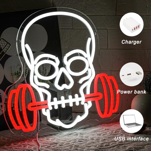 Dumbbell Skull Neon Sign for Gym & Halloween Wall Decor - Red & White