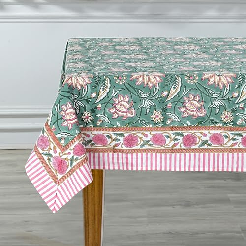 Viridian Green Hand Block Print Cotton Tablecloth 190x72 Inch - Rustic & Elegant Dining Cover