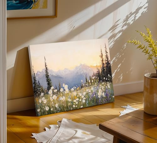 Landscape Canvas Wall Art - 24x16 Inches Sunset Mountain & Wildflowers