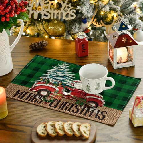 Green and Black Buffalo Plaid Truck Christmas Placemats Set of 4 - 12x18 Inch Rectangular