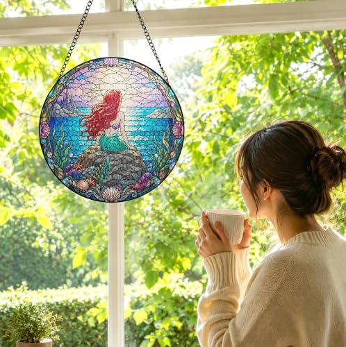 Mermaid Stained Glass Window Hanging Suncatcher - Ocean Fantasy Wall Decor
