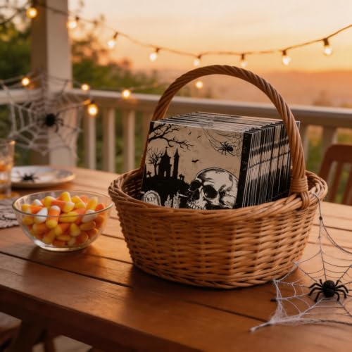 Gothic Halloween Paper Napkins - Disposable Skull Pumpkin Graveyard Design - 20 Pack - Napkin Variation