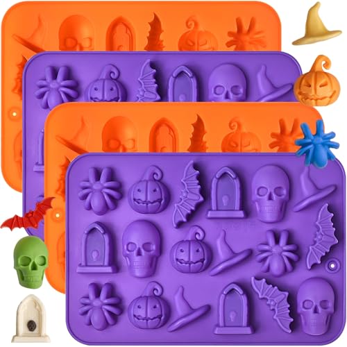Halloween Silicone Mold Set - 4 Pcs Pumpkin Bat Skull Spider Cavities