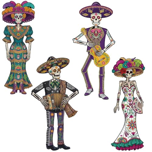 Day of the Dead Paper Skeletons - Posable 48-Inch Halloween & Fiesta Decorations - Set of 4