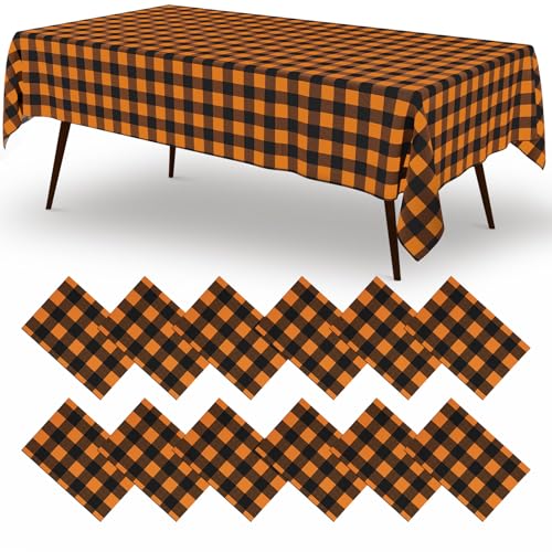 Misaya 12 Pack Buffalo Disposable Table Cloths - Black & Orange, 54 x 108 Inches
