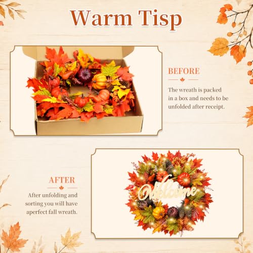 24-Inch Fall Wreath with Lights & Welcome Sign - Autumn Front Door Decor