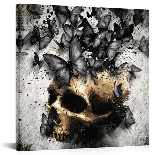 Grey Skull Wall Art with Butterfly - Gothic Room Decor 24x24 Inch Frame