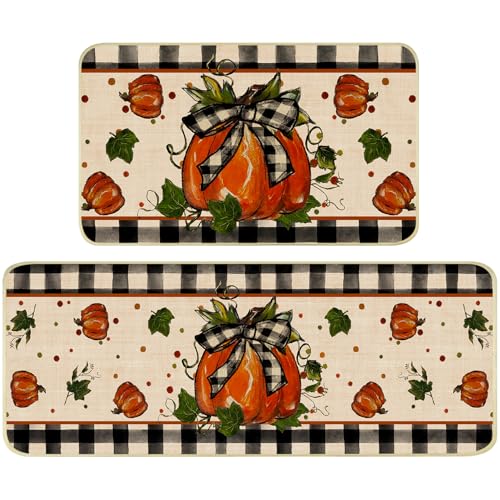Fall Kitchen Mat Set of 2 - Plaid Pumpkin Non-Slip Rugs for Fall & Halloween Decor