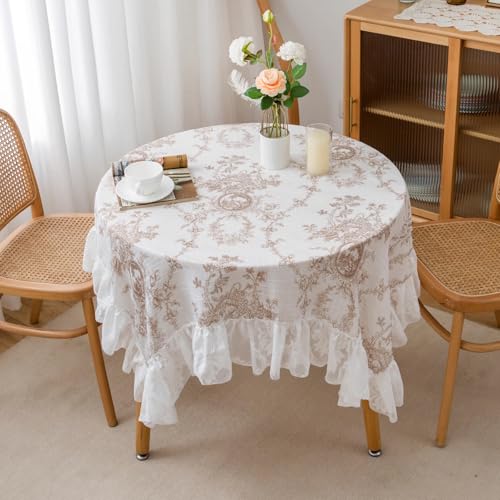 Champagne Lace Tablecloth 47x47 Inches with Ruffles - Modern Retro Boho Style