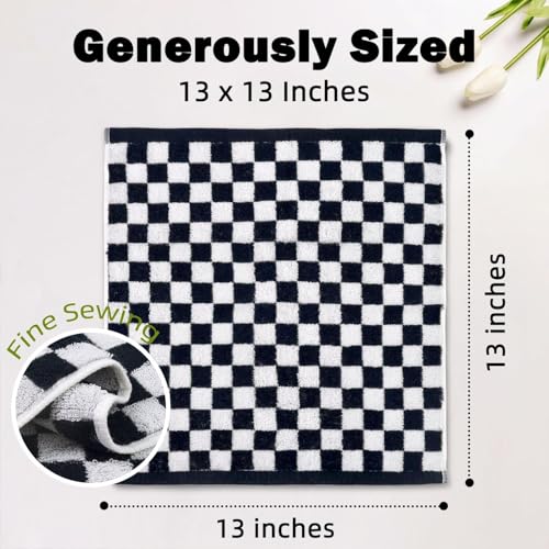 Jacquotha Wash Cloths Checkered 4 Pack (Black and White) - Cotton Washcloths for Face Body, 13 x 13 Inches Daily Cleansing Kitchen Towels