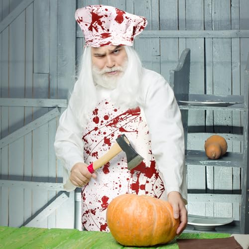 Halloween Bloody Chef Apron & Hat Set - White, Red Bloody Style, 2 Pieces