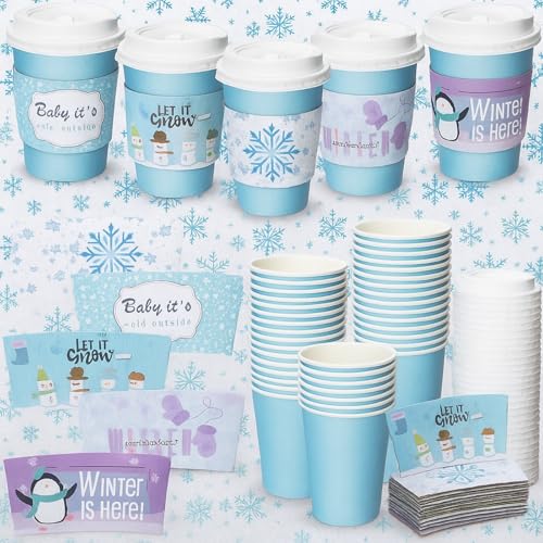 Winter Snowflake Coffee Cups Set with Lids and Sleeves - 50 Pack - Blue & Purple