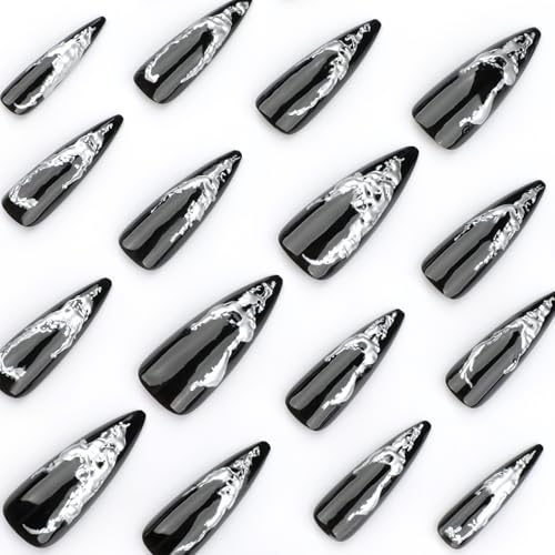 Press On Nails Long Stiletto Black Silver Ombre 3D Fake Nails - Reusable