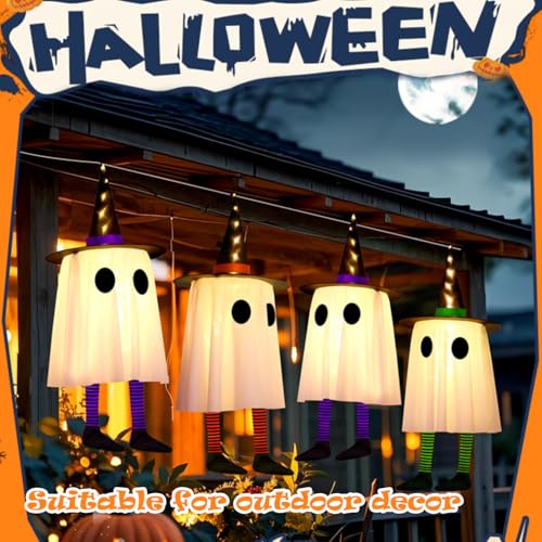 Halloween Ghost Decorations Lights Set of 3 Hanging Witch Hat Light Decor - Variation: Ghosts