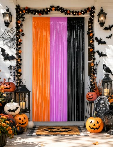 Halloween Tinsel Fringe Curtain Backdrop Decorations - Orange, Purple & Black, Reusable Party Decor
