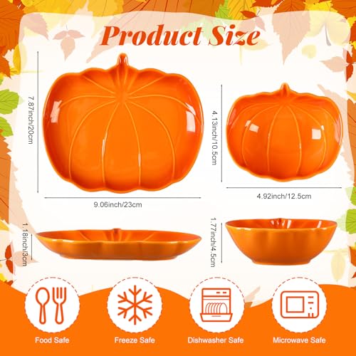 Pumpkin Shaped Ceramic Dinnerware Set - Orange Fall Plates & Bowls for Thanksgiving Halloween