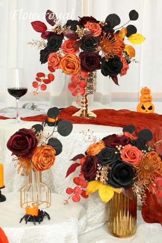 Black Artificial Flowers Set with Stems for Wedding DIY Bouquets & Decor - Orange & Black Variation