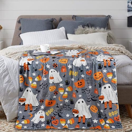 Halloween Ghost Throw Blanket - Boo-Cute Ghost on Gray, Cozy Plush 50 x 60 Inches