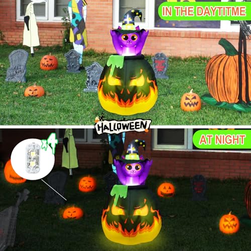 Halloween Inflatable Witch Cat in Cauldron - 4.5FT Outdoor Yard Decor with LED Lights