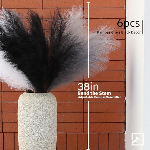 Artificial Pampas Grass Decor Set - Black White Grey 38 Inches, 6 Pieces, Boho Home & Event Decor