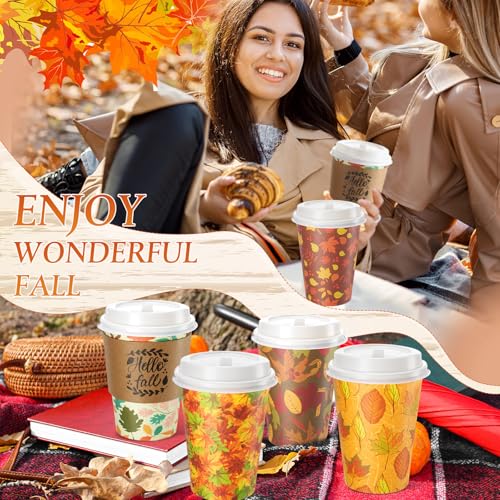Fall Disposable Coffee Cups with Lids & Sleeves - 12oz, 10 Styles, 120 Pack