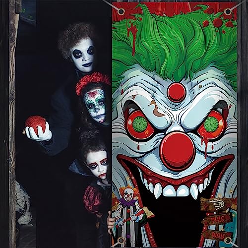 Scary Clown Halloween Door Decoration - Horror Joker Entrance Banner, 70.9 x 35.4 Inches