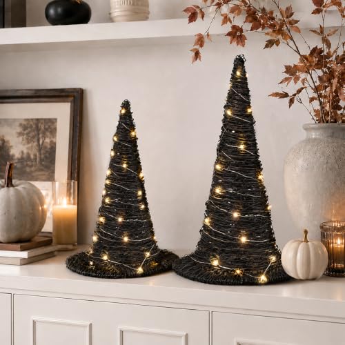 2Pcs Halloween Rattan Witch Hat Decor with String Lights - Indoor Outdoor Party Table Centerpieces