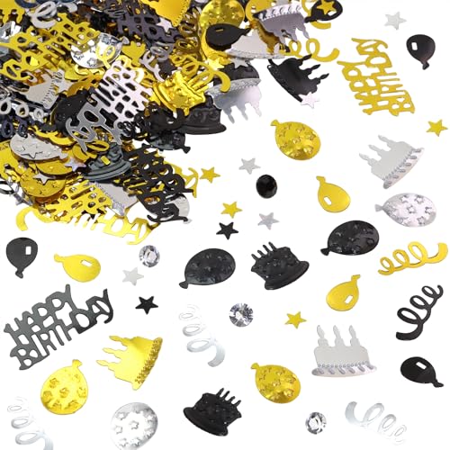 Party Confetti Happy Birthday Foil Confetti Table Decorations - Gold, Silver, Black - 600pcs