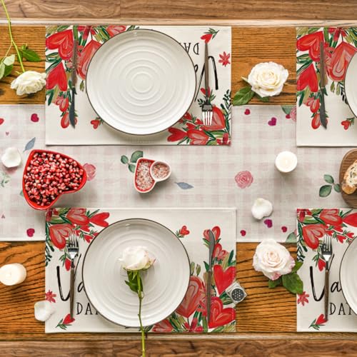 Red Hearts Love Valentine's Day Placemat Set of 4 - 12x18 Inch Rectangular Table Mats