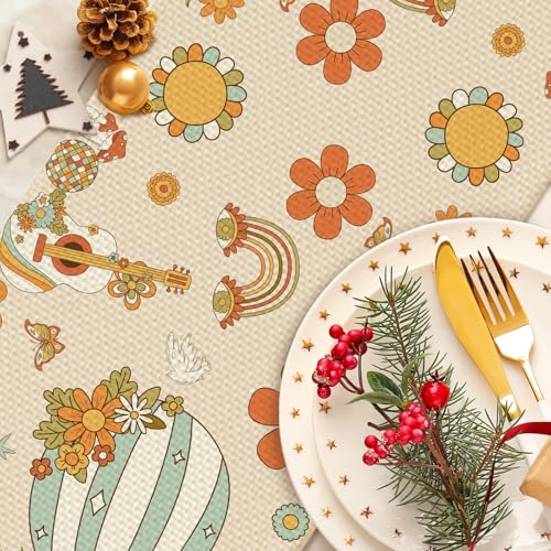Peace Love Flower Linen Table Runner - Farmhouse Floral Decor for Kitchen & Dining
