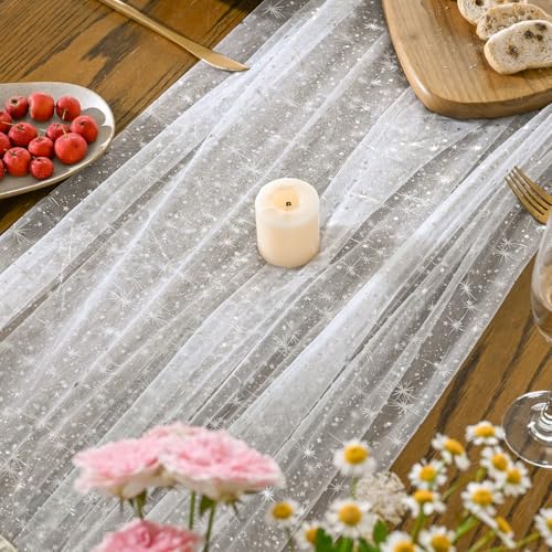 Horaldaily White Silver Star Gauze Tablecloth 60x104 Inch Rectangular