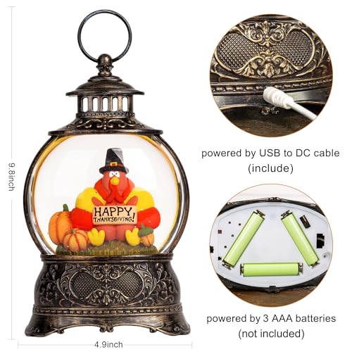 9.85 Inch Fall Decor Snow Globe Lantern with Turkey and Pumpkins - Thanksgiving Table Centerpiece