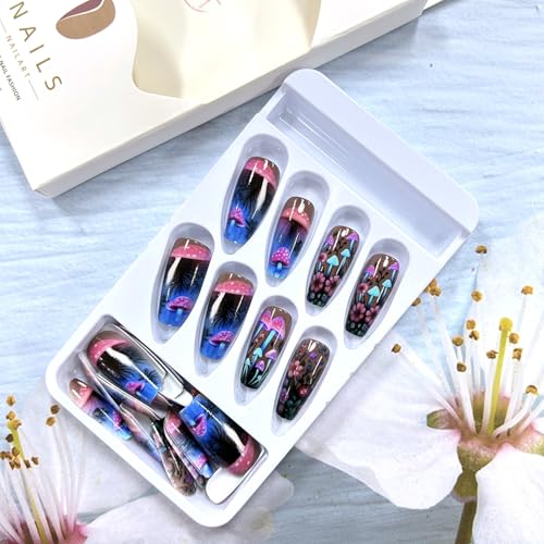 Mushrooms Press On Nails - Medium Flower False Nails Ballet Style Colorful Design
