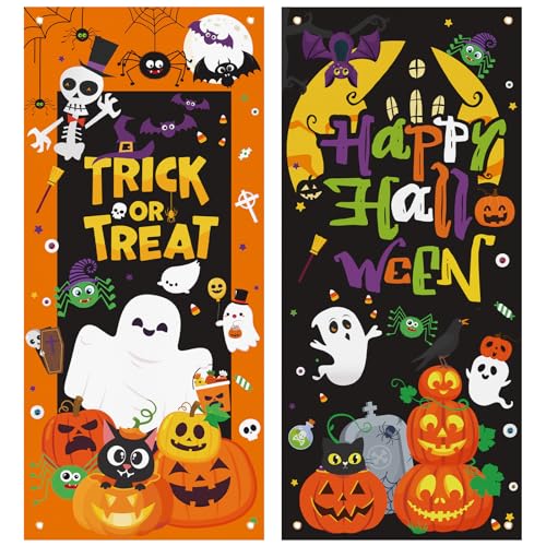 Halloween Door Cover Set - Trick or Treat Banners for Haunted House & Party - 2 Pieces Variation of Halloween