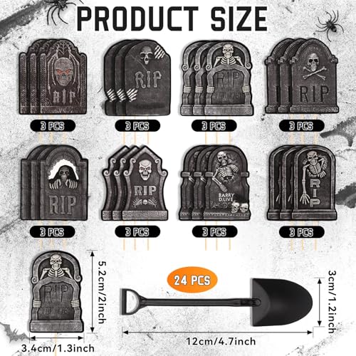 Halloween Cupcake Toppers with Tombstone Graveyard Design - 48 Pcs Cake Decorations with Shovel Spoons