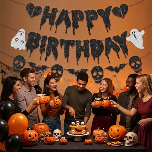 Halloween Birthday Banner Heart Ghost Skull Glitter Party Decorations - Pre-Strung
