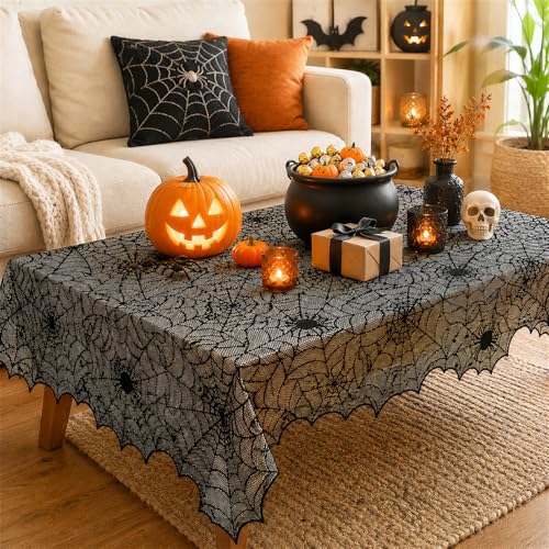 Halloween Spider Web Lace Tablecloth - 54x72 Inch Black Spooky Decor