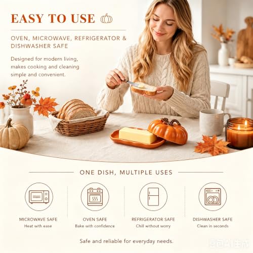 Orange Pumpkin-Shaped Ceramic Butter Dish with Lid - Fall Kitchen Decor
