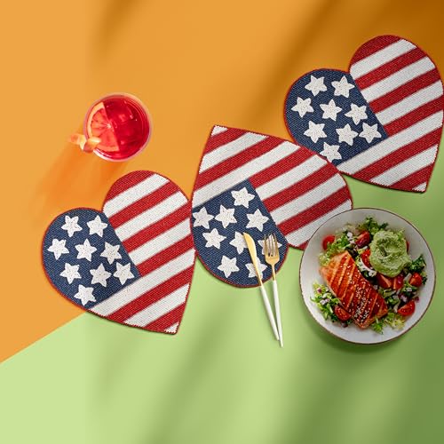 Beaded Table Runner 13x36 Inch Heart Flag Design Patriotic Decor - White Red Blue Variation