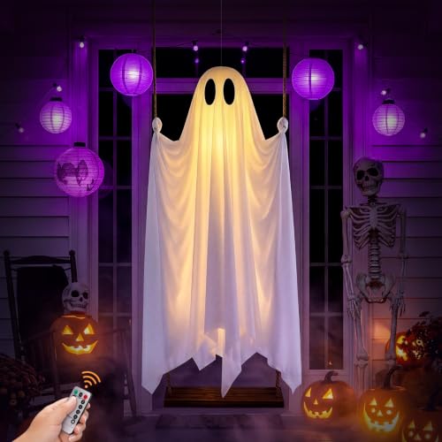 5FT Hanging Ghost Decor with Lights - Outdoor Halloween Swing Spirit