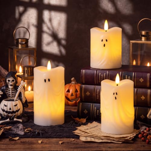 Halloween Ghost Pillar Candles Set with Remote Timer - Flameless Indoor Decor