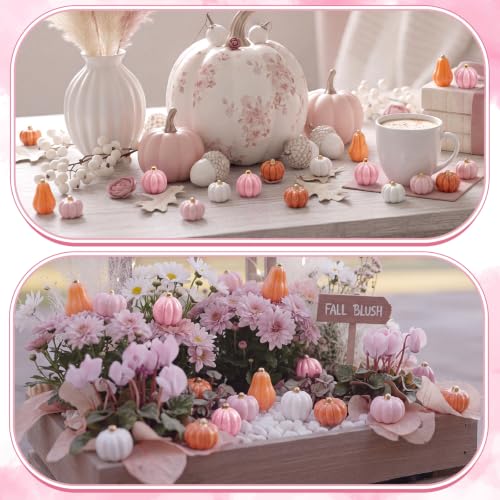 Mini Pink Resin Pumpkins for Crafts & Fall Decor - 100 Pieces, Variation Pink+White+Brown