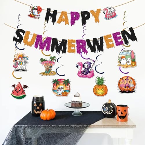 Summerween Party Banner & Decorations Set - Halloween in Summer Theme, Reusable Glitter Decor