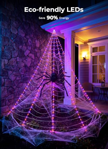 Halloween Outdoor Decorations Giant Spider Web Lights - Orange & Purple, 255 LEDs, 8 Modes