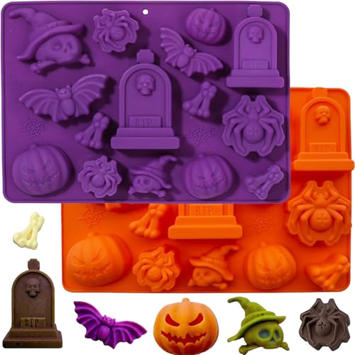 Halloween Silicone Cake Molds - 2 Pack Spooky Pumpkin Ghost Bat Designs for Baking & Crafts