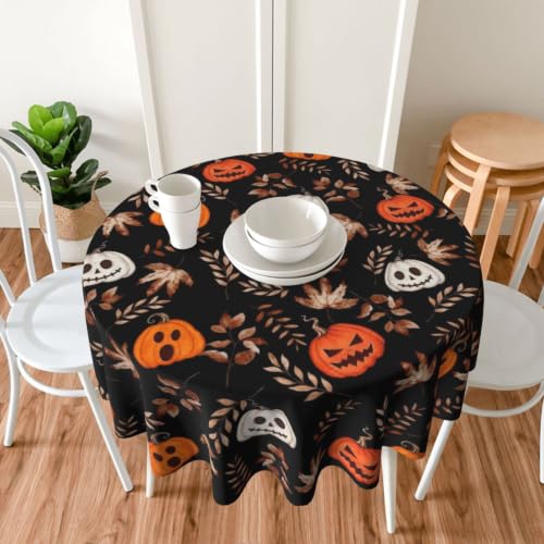 Halloween Round Tablecloth 70 Inch Black & Orange Pumpkin Leaves Decor - Washable & Reusable