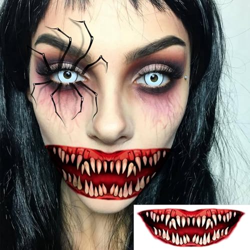 Halloween Spider Web & Red Mouth Temporary Tattoos Set - 7 Sheets, Realistic Zombie & Clown Designs, Variation: RedMouth